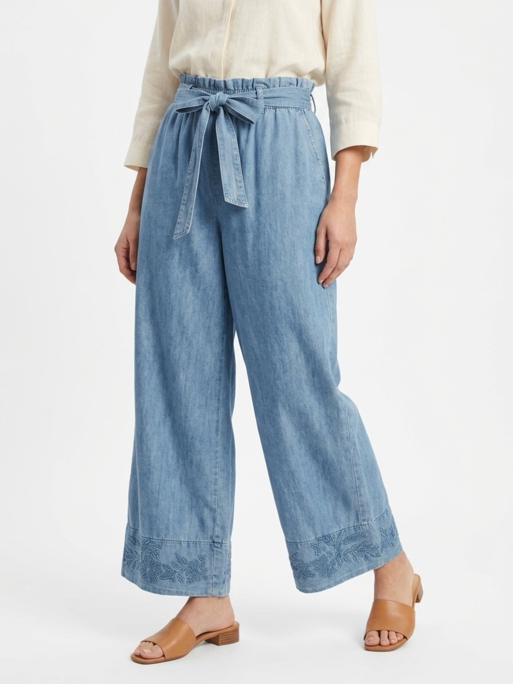 Leota Lupita Wide Leg Pants Embroidered Tie Knit Blue Large